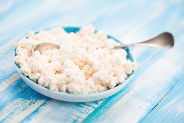 Saucer with fresh cottage cheese on wooden boards