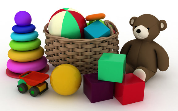 3d illustration of child's toys in a small basket