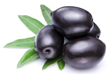 Black olives with leaves.
