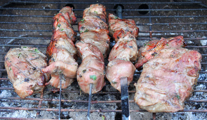 Barbecue sticks with variation of a meat