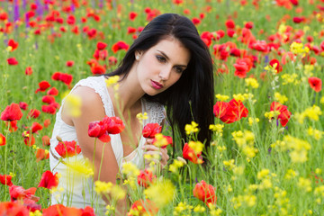 Naklejka premium beautiful girl with long hair sitting in the poppy field