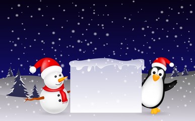 snowman and penguin Christmas with blank sign