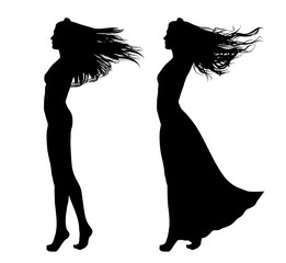 full-length silhouette of beautiful woman long hair