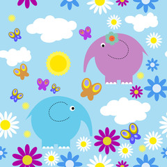 Seamless pattern with elephants and butterflies