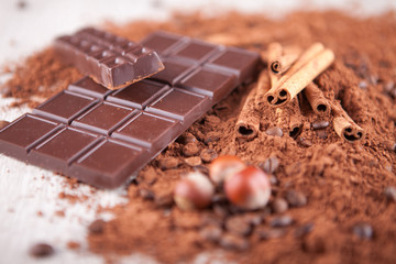 cocoa powder, chocolate bars and hazelnuts o n a wooden board