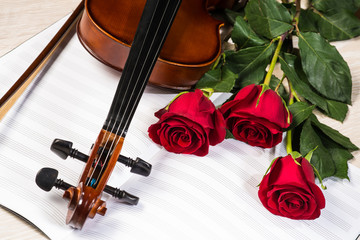 Fototapeta premium Violin, rose and music books
