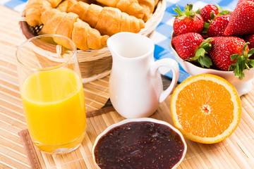 early breakfast, juice, croissants and jam