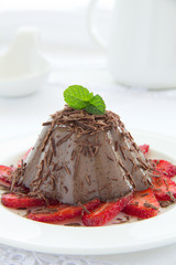 Chocolate panna cotta with strawberries and coffee.