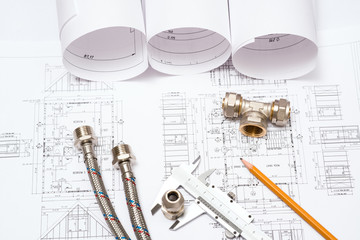 plumbing and drawings, construction still life