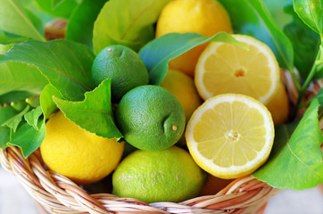 Fototapeta na wymiar Slices of ripe lemons on basket