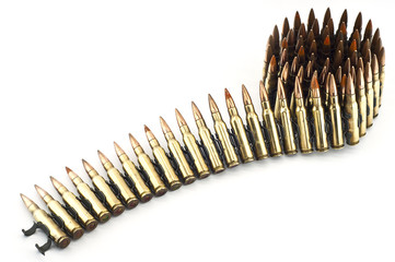 Cartridge 7.62 mm caliber with link, Machine gun bullet isolated