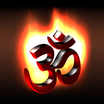 Black om symbol flaming in the dark
