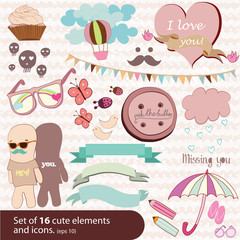 Set of 16 cute vector elements and icons
