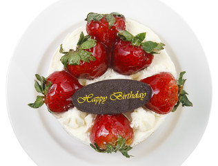 butter cream cake with strawberry & birthday chocolate plate, in