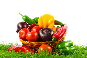vegetable on green gras on isolated white  background