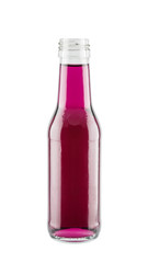 Purple energy drink in glass bottle isolated on white background