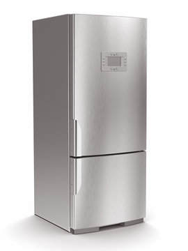 Metallic refrigerator on white isolated background.