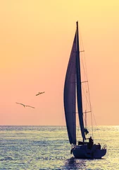 Fotobehang Zeilen skyline zeilboot en twee meeuwen