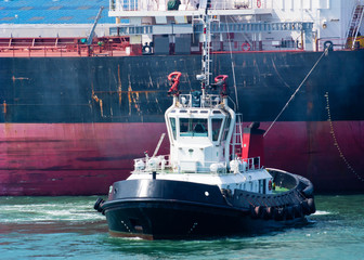 Tugboat pushing ship