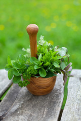 fresh herbs in a wooden mortar