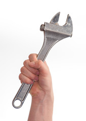 isolated caucasian young hand gripping a wrench
