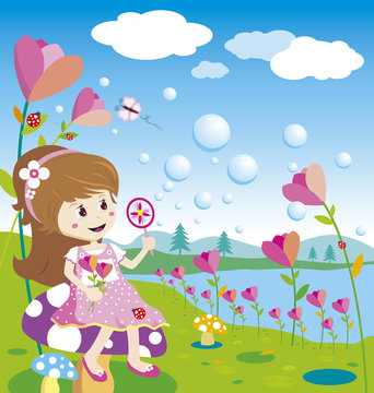 Girl blowing bubbles in the flowers garden