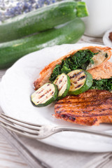 grilled steaks with puff pastry bag and zucchini
