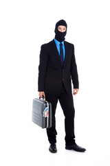 Verbrecher im Business Look und Koffer mit Geld Porträt