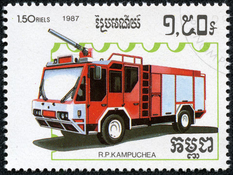 stamp printed in Kampuchea, shows fire truck