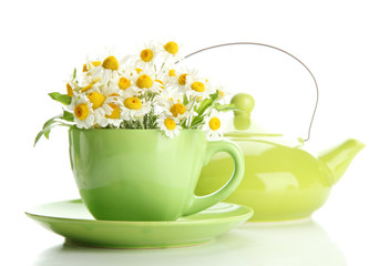 Beautiful wild camomiles and mint in cup and teapot, isolated