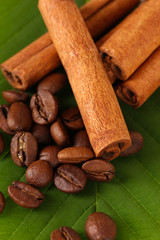 Coffee grains and cinnamon on sackcloth on green leafs close-up