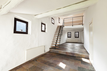 interior rustic house, large room with staircase