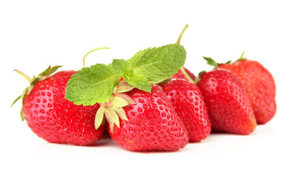 Ripe sweet strawberries and mint, isolated on white