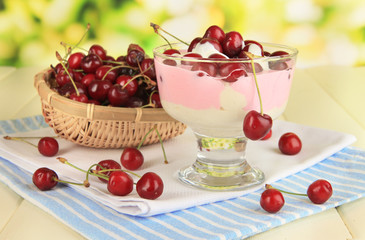 Delicious cherry dessert in glass vase