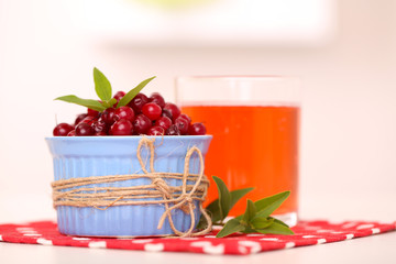 Glass of cranberry juice and ripe red cranberries in bowl