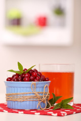 Glass of cranberry juice and ripe red cranberries in bowl