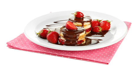 Tasty biscuit cakes with chocolate and berries