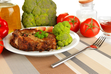 Piece of fried meat on plate isolated on white