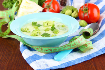 Cabbage soup in plates on napkin on wooden table