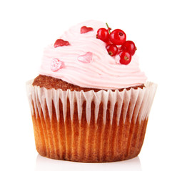 Tasty muffin with berries isolated on white