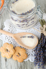 Jar of lavender sugar and fresh lavender flowers