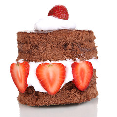 Chocolate cake with strawberry isolated on white