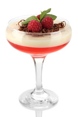 fruit jelly with chocolate and raspberries in glass isolated