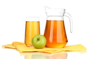 Full glass and jug of apple juice and apples isolted on white