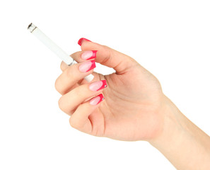 Female hand with cigarette, isolated on white