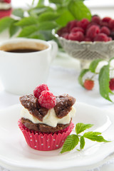 Chocolate muffins with raspberries and cream.