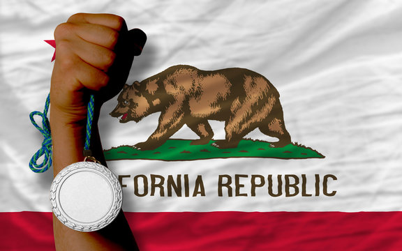 Silver medal for sport and flag of american state of california