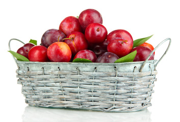 Fototapeta na wymiar Ripe plums in basket isolated on white