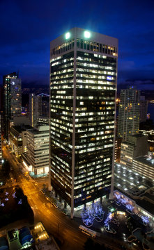 Night scene of modern buildings in vancouver downtown