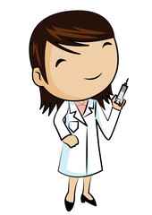 Doctor smiling and holding syringe, vector